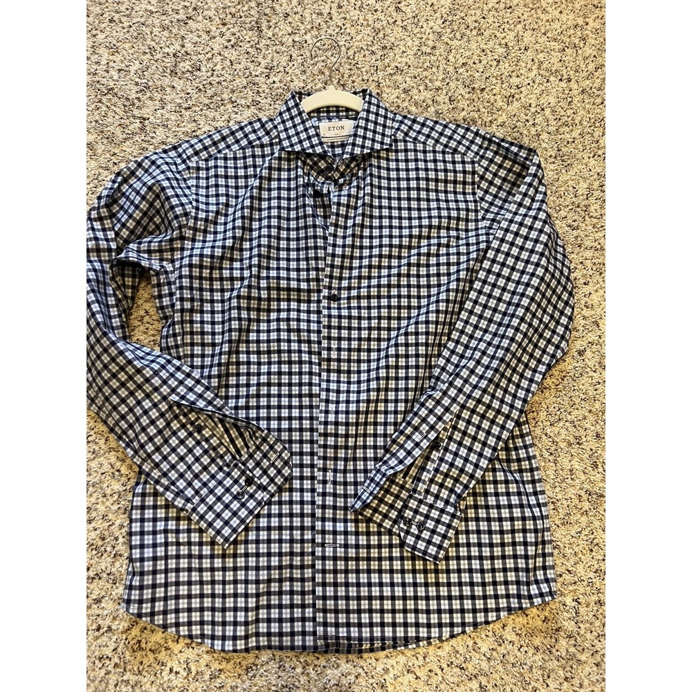 Eton Slim 17/43 Blue Plaid Men's Button Up Long Sleeve Dress Shirt %100 Cotton